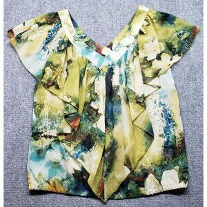 Sunny Leigh Blouse Womens L Multicolor Floral Polyester V-Neck Cap Sleeve